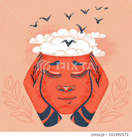 Human head with brain-shaped clouds. Flying birds as a symbol of dreams, freedom and hope. Creative ideas, meditation and inspiration Human head with brain-shaped clouds. Flying birds as a symbol of dreams, freedom and hope. Creative ideas, meditation and inspiration 101992671