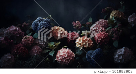 Dark moody floral hydrangea flower wall background Dark moody floral hydrangea flower wall background 101992905