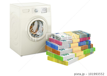 Washing machine with money, euro packs. 3D rendering Washing machine with money, euro packs. 3D rendering 101993552