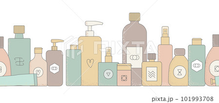 Pastel color cartoon cosmetic bottles, jars. Eco face cream tubes, cleanser, soap for bath, oil scrub, lotion facial gel vector illustrations. Pastel color cartoon cosmetic bottles, jars. Eco face cream tubes, cleanser, soap for bath, oil scrub, lotion facial gel vector illustrations. 101993708