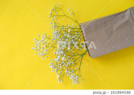 A bouquet of small gypsophila flowers in an eco bag on a yellow table Background with space for text A bouquet of small gypsophila flowers in an eco bag on a yellow table Background with space for text 101994590