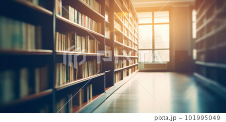 Blurred public library interior space. Learning and education concept background. Defocused bookshelves with books - vintage tone 101995049