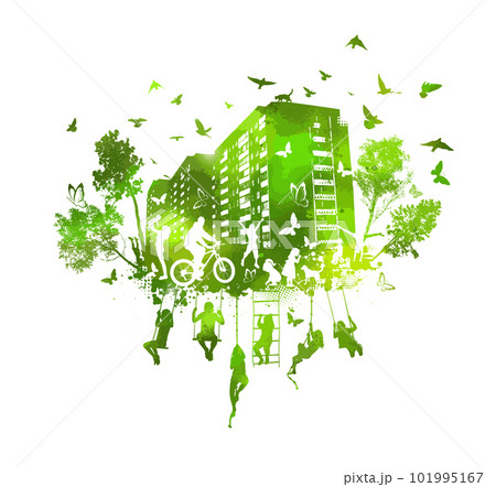 Green leaf with eco friendly city buildings and people. Green city silhouette with people. Ecology urban. Vector illustration Green leaf with eco friendly city buildings and people. Green city silhouette with people. Ecology urban. Vector illustration 101995167