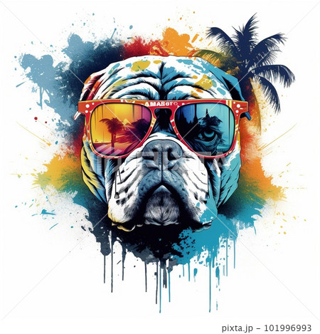 Funny Colorful Dog Portrait in Sunglasses. Trendy Sticker or T-shirt Design. Generative Ai 101996993
