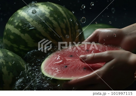 Hands of woman washing ripe watermelon under faucet in the sink kitchen. made with generative AI 101997115