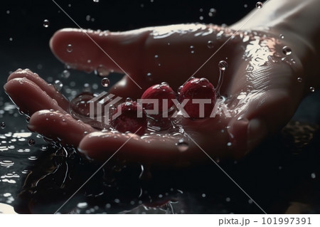 Hands of woman washing ripe cherries under faucet in the sink kitchen. made with generative AI 101997391