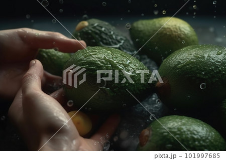 Hands of woman washing ripe avocados under faucet in the sink kitchen. made with generative AI 101997685