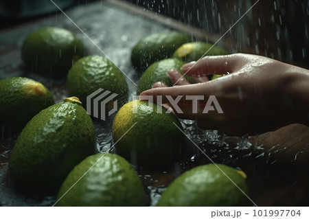 Hands of woman washing ripe avocados under faucet in the sink kitchen. made with generative AI 101997704
