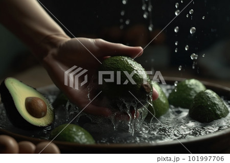 Hands of woman washing ripe avocados under faucet in the sink kitchen. made with generative AI 101997706