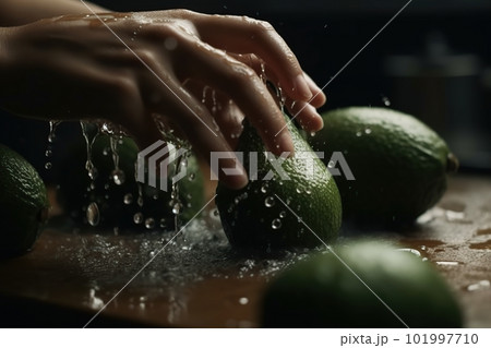 Hands of woman washing ripe avocados under faucet in the sink kitchen. made with generative AI 101997710