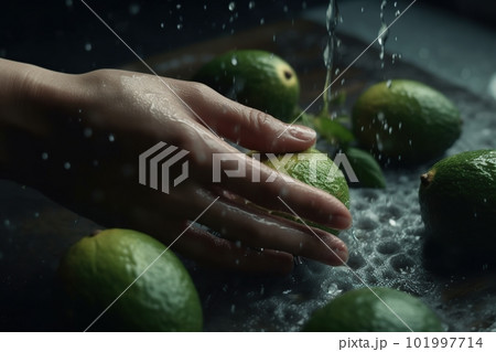 Hands of woman washing ripe avocados under faucet in the sink kitchen. made with generative AI 101997714