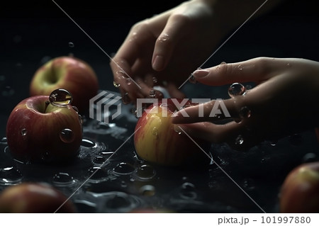 Hands of woman washing ripe apples under faucet in the sink kitchen. made with generative AI Hands of woman washing ripe apples under faucet in the sink kitchen. made with generative AI 101997880