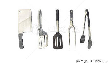 Watercolor set elements grill, kitchen tools for cooking bbq:spatula,fork,tongs and knife grilling. Hand-drawn illustration isolated on white background.Perfect for menu cafe, restaurant, kit barbecue 101997966