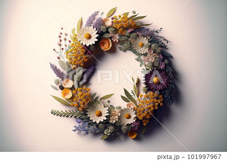 A charming wreath of various colors lies on a white background, viewed from above 101997967