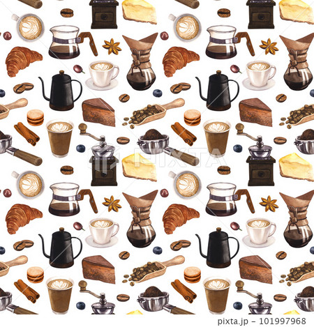 Watercolor seamless pattern coffee and dessert. Colorful detailed, with lots of objects. Hand-drawn illustration isolated on white background. Perfect food menu, concept for cafe, restaurant element 101997968