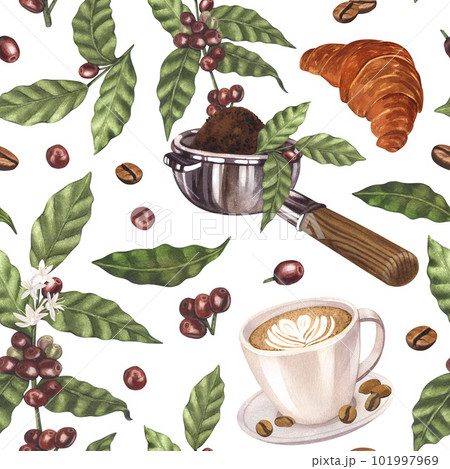 Watercolor seamless pattern coffee beans, branch with berries, portafilter and cup latte of coffee.Illustration isolated on white background. Perfect concept for cafe, restaurant, menu, cards, posters 101997969