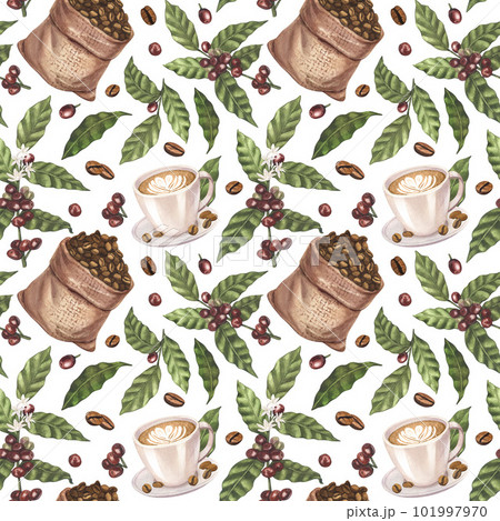 Watercolor seamless pattern coffee beans in jute burlap sack and cup latte of coffee. Hand-drawn illustration isolated on white background. Perfect concept for cafe, restaurant, menu, cards, posters 101997970