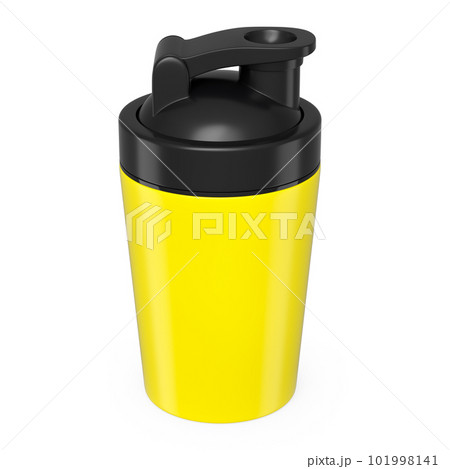 Yellow plastic sport shaker for protein drink isolated on white background. Yellow plastic sport shaker for protein drink isolated on white background. 101998141