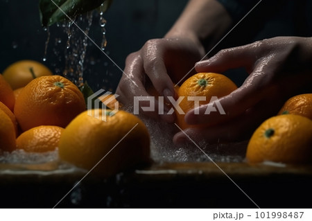 Hands of woman washing ripe orange under faucet in the sink kitchen. made with generative AI 101998487