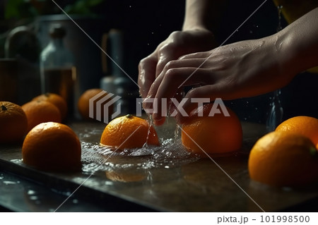 Hands of woman washing ripe orange under faucet in the sink kitchen. made with generative AI 101998500