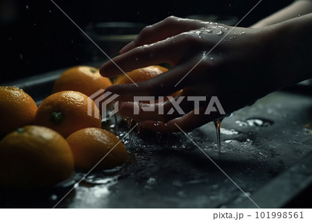 Hands of woman washing ripe orange under faucet in the sink kitchen. made with generative AI Hands of woman washing ripe orange under faucet in the sink kitchen. made with generative AI 101998561