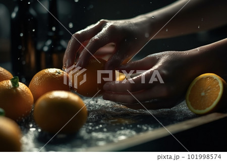 Hands of woman washing ripe orange under faucet in the sink kitchen. made with generative AI Hands of woman washing ripe orange under faucet in the sink kitchen. made with generative AI 101998574