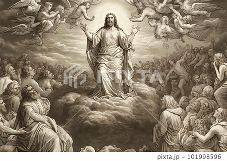 An illustration of the ascension day of Jesus Christ. Biblical Series made with generative AI An illustration of the ascension day of Jesus Christ. Biblical Series made with generative AI 101998596