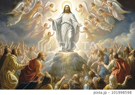 An illustration of the ascension day of Jesus Christ. Biblical Series made with generative AI 101998598
