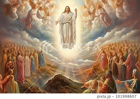 An illustration of the ascension day of Jesus Christ. Biblical Series made with generative AI An illustration of the ascension day of Jesus Christ. Biblical Series made with generative AI 101998607