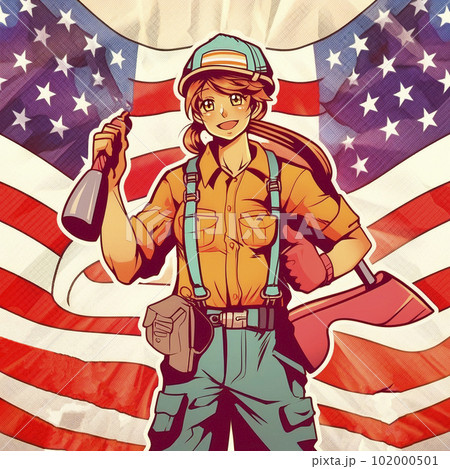 Labor Day, the union of all workers. Girl on the background of the flag Labor Day, the union of all workers. Girl on the background of the flag 102000501