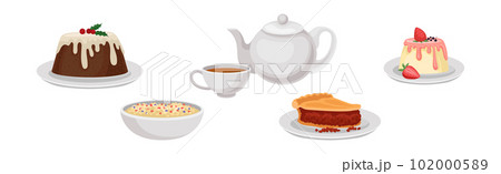 Delicious English Dish with Pie, Sweet Pudding, Porridge and Tea Vector Set Delicious English Dish with Pie, Sweet Pudding, Porridge and Tea Vector Set 102000589