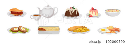 Delicious English Dish with Pie, Pudding, Fish and Chips, Meatloaf and Tea Vector Set 102000590
