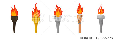 Torch with Brightly Burning Fire on Top as Ignited Light Source Vector Set Torch with Brightly Burning Fire on Top as Ignited Light Source Vector Set 102000775