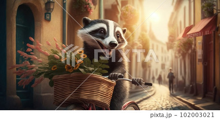 badger have fun bicycle ride on sunshine day in summer on town street 102003021