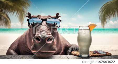 Hippopotamus is on summer vacation at seaside resort and relaxing on summer beach 102003022