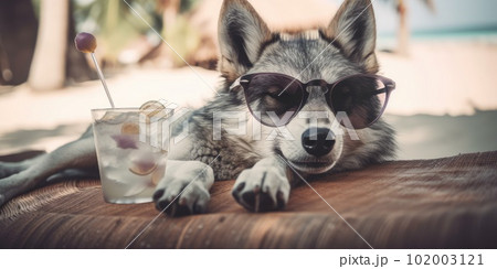 wolf is on summer vacation at seaside resort and relaxing on summer beach wolf is on summer vacation at seaside resort and relaxing on summer beach 102003121
