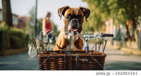 Boxer dog have fun bicycle ride on sunshine day morning in summer on town street 102003161