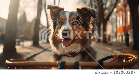 Australian Shepherd dog have fun bicycle ride on sunshine day morning in summer on town street Australian Shepherd dog have fun bicycle ride on sunshine day morning in summer on town street 102003287