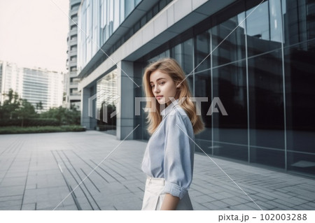 Young shy blonde girl in business attire, standing in front of modern office building. Generative AI AIG20. 102003288