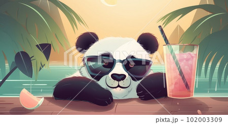 panda is on summer vacation at seaside resort and relaxing on summer beach panda is on summer vacation at seaside resort and relaxing on summer beach 102003309