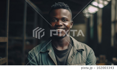 A smiling African male factory worker standing in metal sheet factory 102003343