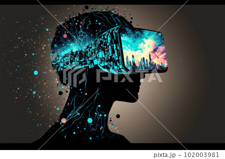 VR goggle headset double exposure head metaverse with neon light. Flawless 102003981