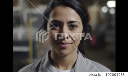 A smiling Hispanic female electronic factory worker standing in factory 102003983