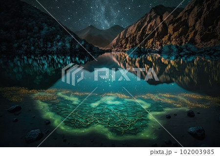 Landscape Bioluminescence glowing plankton in water fantasy 102003985