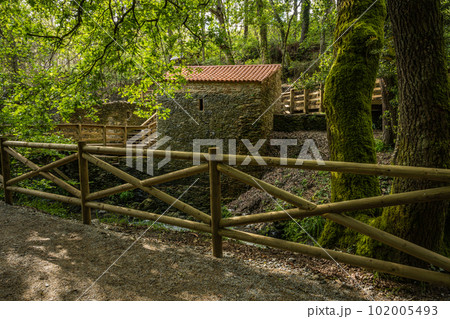Old mill on the bank of the river Lourido in the park of the fountain of Stanislaus 102005493