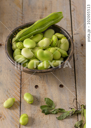 Fresh and raw green broad beans 102005513