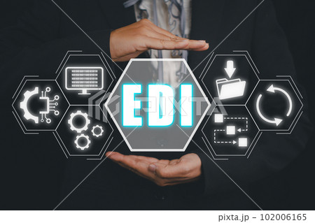 EDI, Electronic data interchange concept, Person hand holding Electronic data interchange icon on virtual screen. 102006165