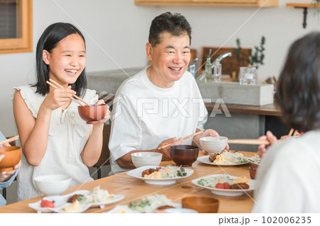 家のダイニングで家族団欒して食事する孫と老夫婦・親子・三世代家族（帰省・里帰り） 102006235