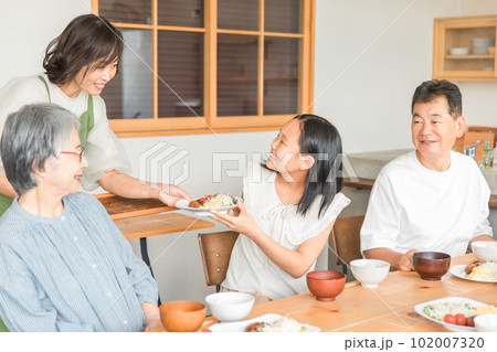 家のダイニングで家族団欒して食事する子供と夫婦・親子・三世代家族(二世帯住宅) 家のダイニングで家族団欒して食事する子供と夫婦・親子・三世代家族(二世帯住宅) 102007320