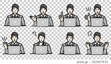ラップトップの前で座っているスーツを着た若い男性の仕草、ジェスチャーのセット 102007635